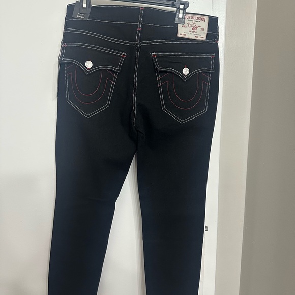 True Religion Women's Black Skinny Jeans with Red Stitching